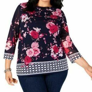 Charter Club Blue Floral 3/4 Sleeve Blouse Size 2X